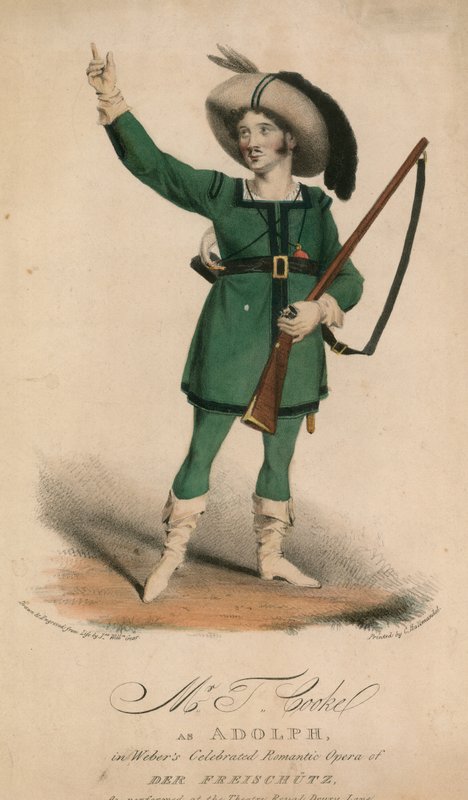 Pan T Cooke jako Adolph ve Weberově slavné romantické opeře Der Freischutz provedené v Theatre Royal Drury Lane od John W. Gear