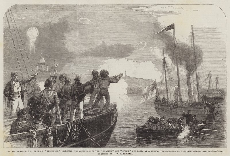 Kapitán Hewlett, CB, z HMS Edinburgh, řídil Pohyby Snapperů a Čápů na ruském třípatrovém mezi Gustafsvernem a Bartolomějem od John Wilson Carmichael