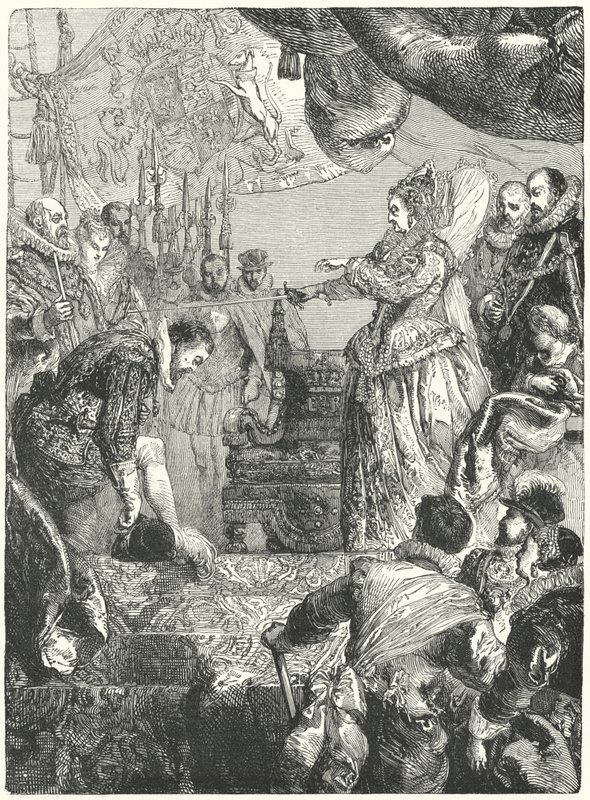 Sir Francis Drake přebírá rytířský titul od královny Alžběty I., 1581 od John after Gilbert