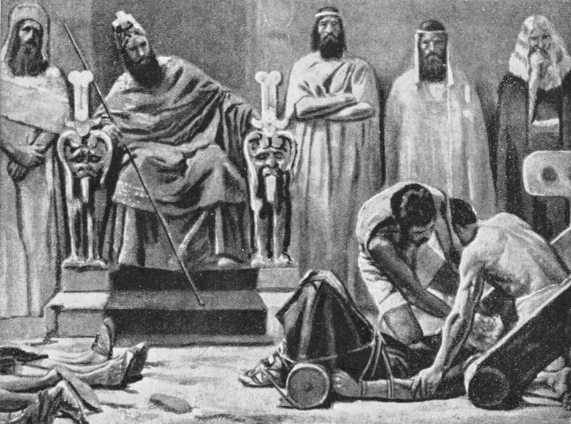 Sedechiáš je oslepen a odvezen do Babylonu, 586 př. n. l. (litografie) od Jose (after) Villegas y Cordero