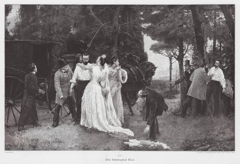 Přerušený souboj (barevná litografie) od Jose Garnelo y Alda