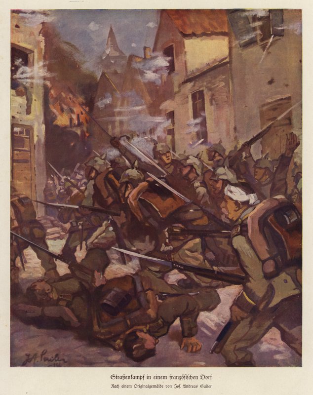 Pouliční bitva ve francouzské vesnici, první světová válka (barva litho) od Josef Andreas Sailer