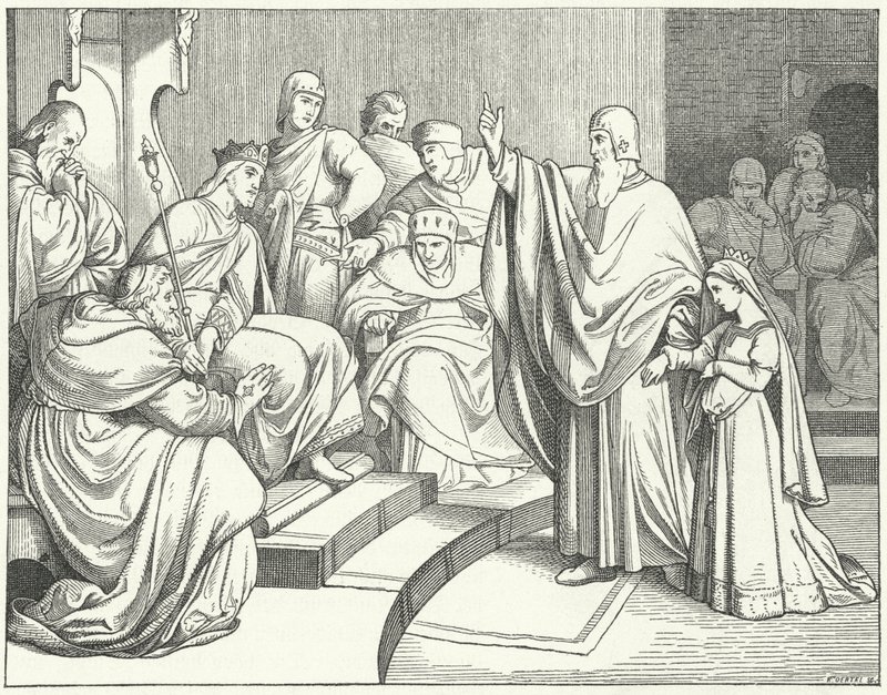 Beatrice z Hohenstaufen žádá německého krále Ottu IV., aby pomstil vraždu jejího otce Filipa Švábského od Josef Mathias Trenkwald