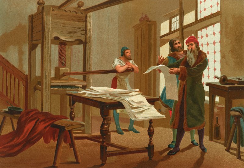 Gutenberg tiskne první stránku Bible od Josep or Jose Planella Coromina