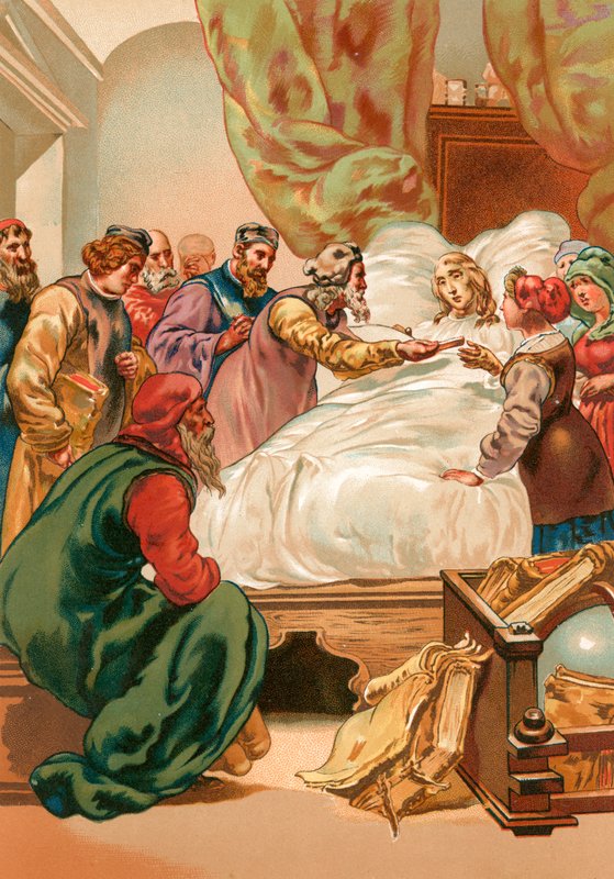 Nemocný Koperník, který dostává první výtisk své knihy o revolucích nebeských sfér od Josep or Jose Planella Coromina