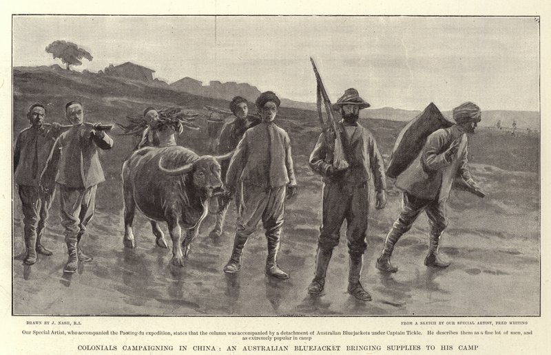 Kolonialisté na tažení v Číně, australský modrokabátník přivážející zásoby do svého tábora. od Joseph Nash