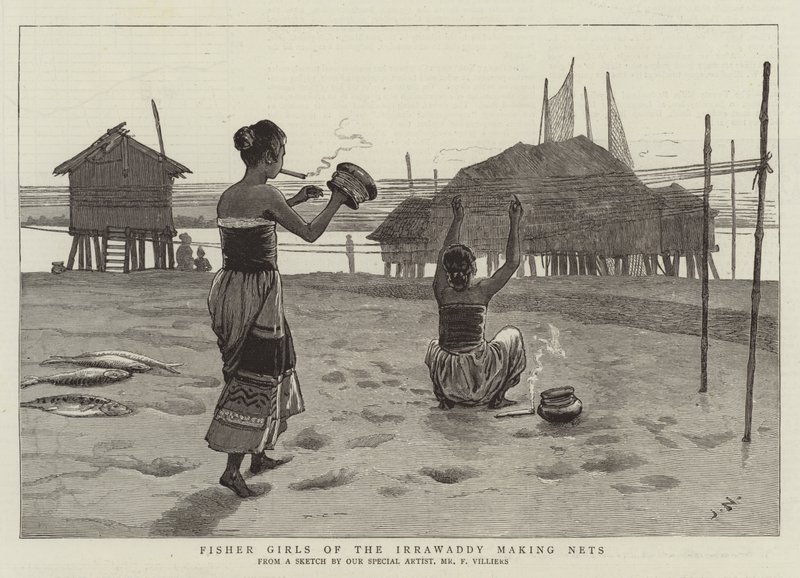 Fisher Girls of the Irrawaddy vyrábějící sítě od Joseph Nash