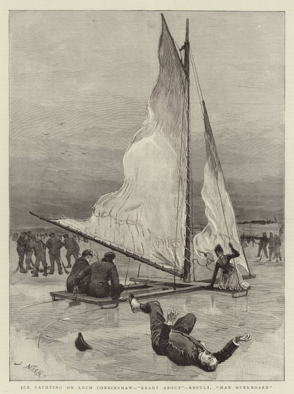 Ledový jachting na jezeře Loch Cobbinshaw, připraven, výsledek, muž přes palubu od Joseph Nash