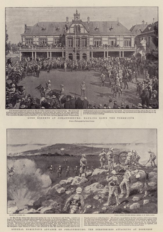 Lord Roberts v Johannesburgu, stahující Vierkleur, postup generála Hamiltona na Johannesburg, Derbyshires útočící na Doornkop od Joseph Nash