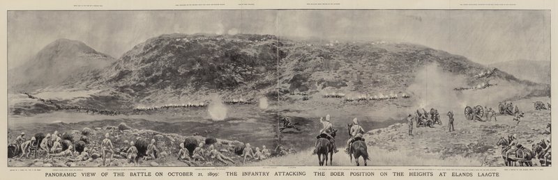 Panoramatický pohled na bitvu 21. října 1899, pěchota útočí na pozice Búrů na výšinách u Elands Laagte od Joseph Nash