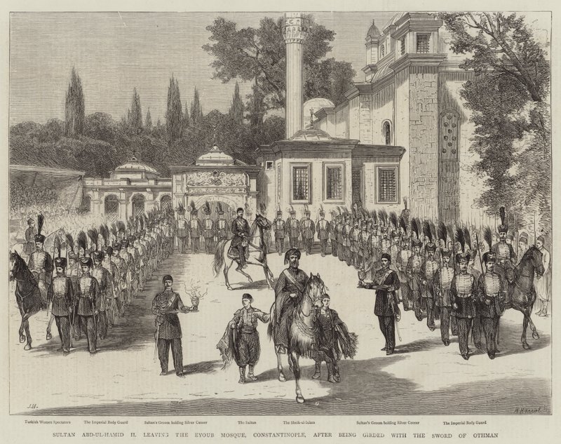 Sultán Abd-ul-Hamid II opouští mešitu Eyoub v Konstantinopoli poté, co byl opásán Othmanovým mečem od Joseph Nash