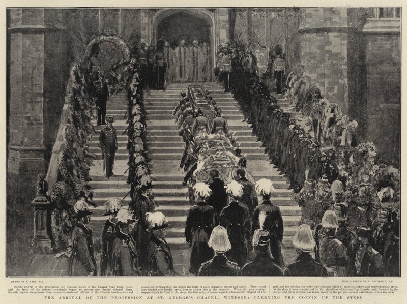 Příjezd průvodu do kaple svatého Jiří, Windsor, nesoucí rakev po schodech od Joseph Nash