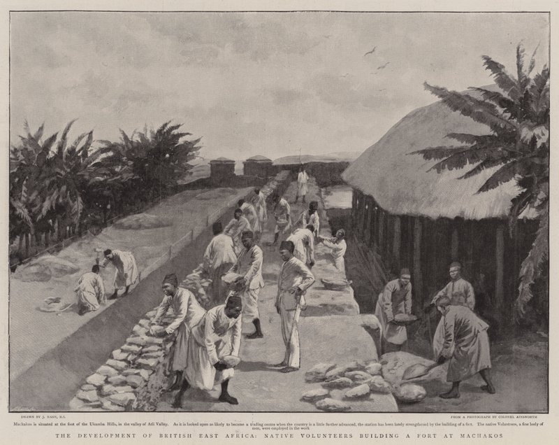 Vývoj britské východní Afriky, domorodí dobrovolníci staví pevnost v Machakos od Joseph Nash