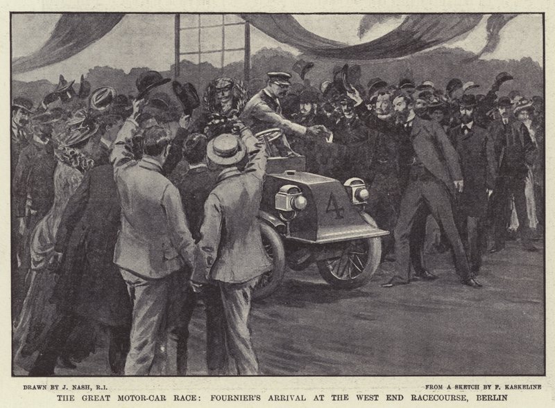 Velký automobilový závod, Fournierův příjezd na závodiště West End v Berlíně od Joseph Nash