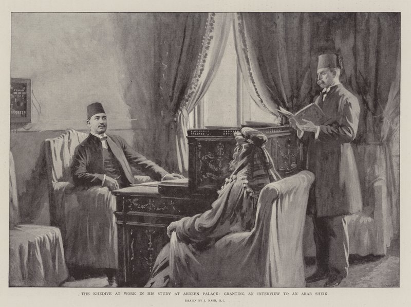 Khedive při práci ve své studii v paláci Abdeen poskytuje rozhovor arabskému šejkovi od Joseph Nash