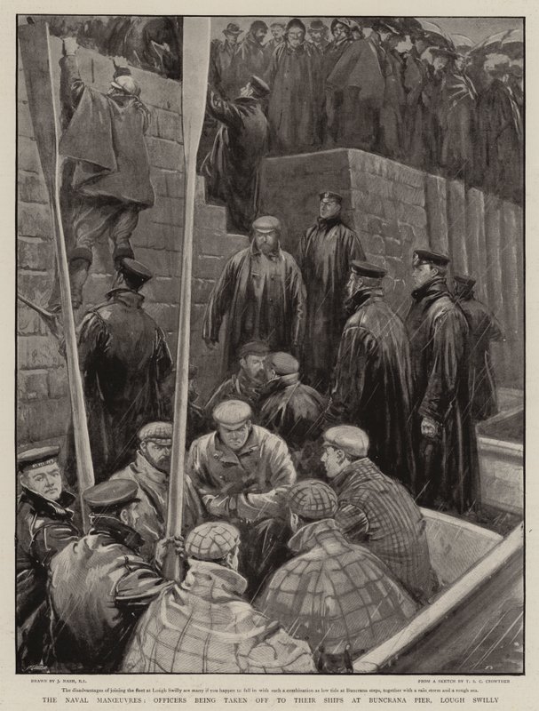Námořní manévry, důstojníci jsou odváženi na své lodě v Buncrana Pier, Lough Swilly od Joseph Nash