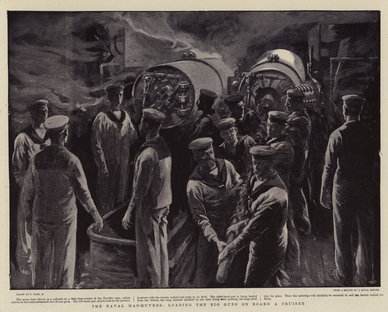 Námořní manévry, nakládání velkých děl na palubu křižníku od Joseph Nash