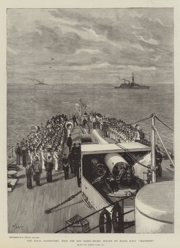 Námořní manévry s Rudou flotilou, Božská služba na palubě HMS Blenheim od Joseph Nash