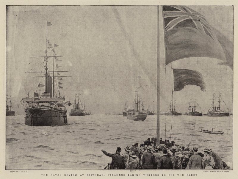 The Naval Review v Spithead, Parníky berou návštěvníky, aby viděli flotilu od Joseph Nash