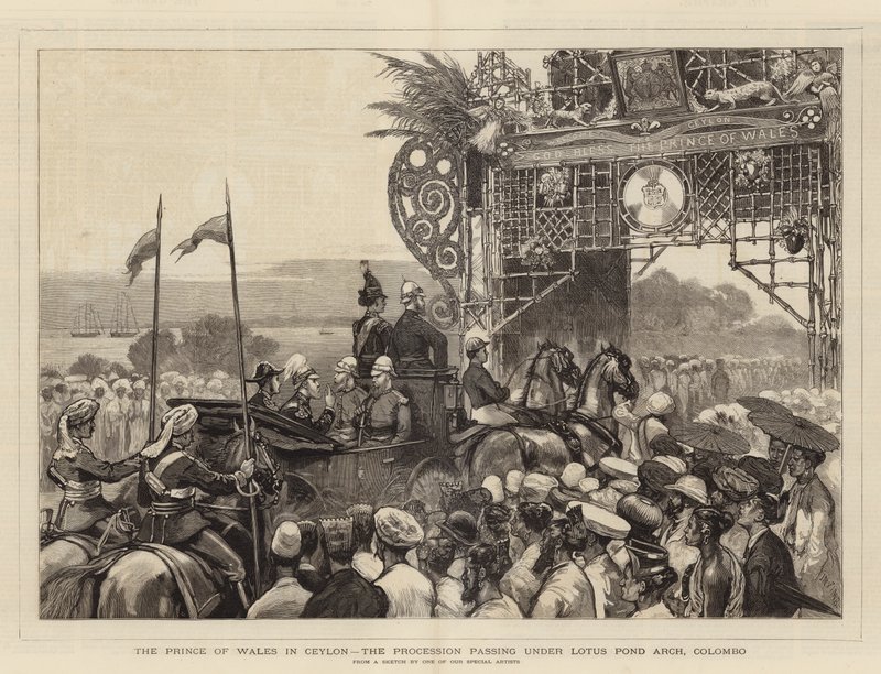 Princ z Walesu na Cejlonu, procesí procházející pod obloukem Lotus Pond Arch, Colombo od Joseph Nash