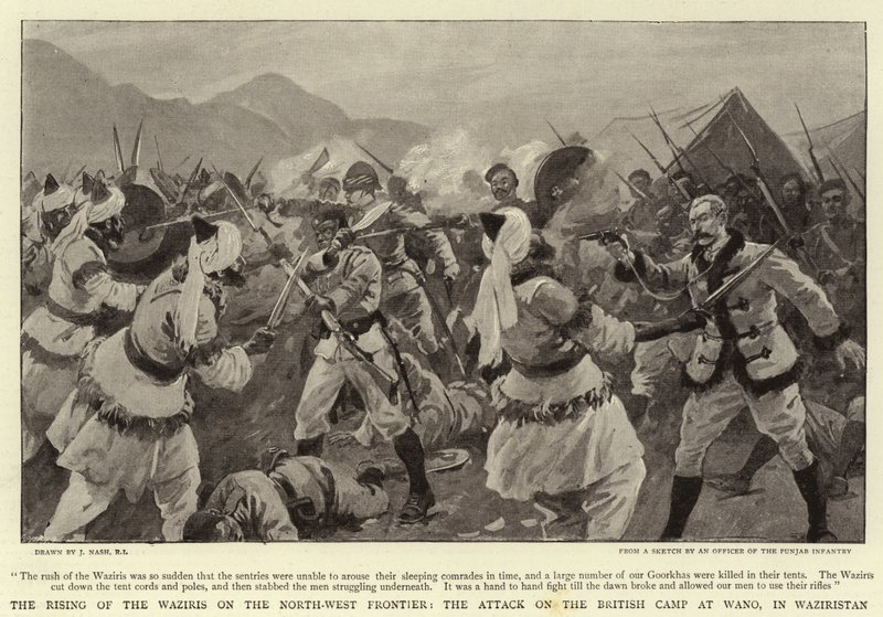Povstání Wazirisů na severozápadní hranici, útok na britský tábor ve Wano ve Waziristánu od Joseph Nash