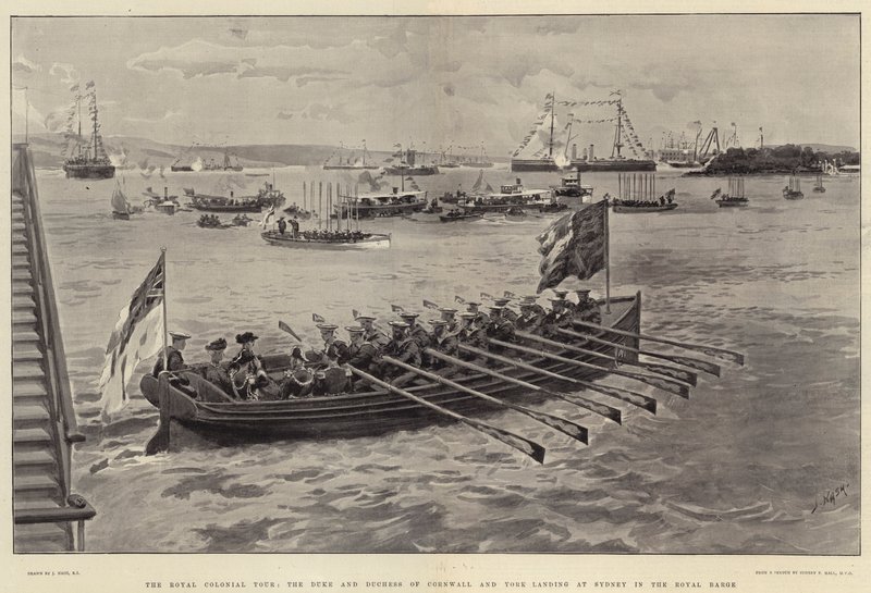 Royal Colonial Tour, přistání vévody a vévodkyně z Cornwallu a Yorku v Sydney v Royal Barge od Joseph Nash