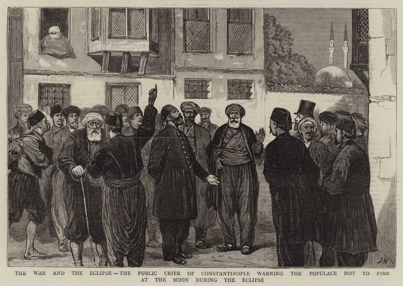 Válka a zatmění, konstantinopolský veřejný hlasatel varuje obyvatelstvo, aby během zatmění nestřílelo na Měsíc od Joseph Nash