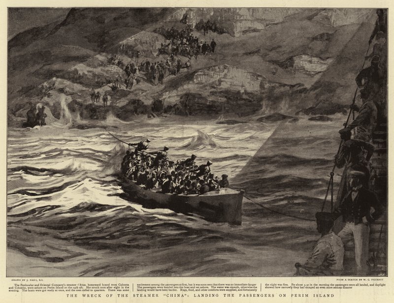 The Wreck of the Steamer China, přistávající cestující na ostrově Perim od Joseph Nash