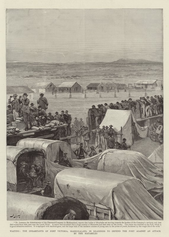 Čekající, obyvatelé Fort Victoria, Mashonaland, připraveni bránit pevnost proti útoku Matabeles od Joseph Nash