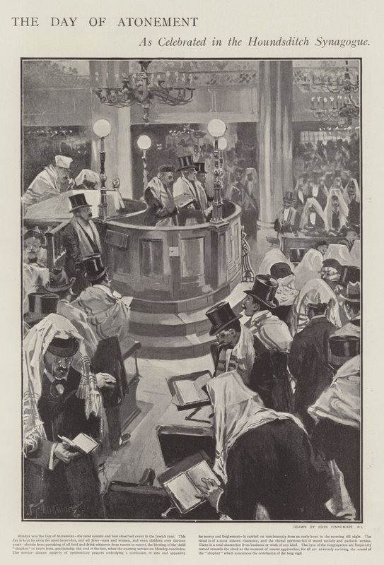 Oslava židovského dne smíření v synagoze Houndsditch v Londýně (litho) od Joseph (after) Finnemore