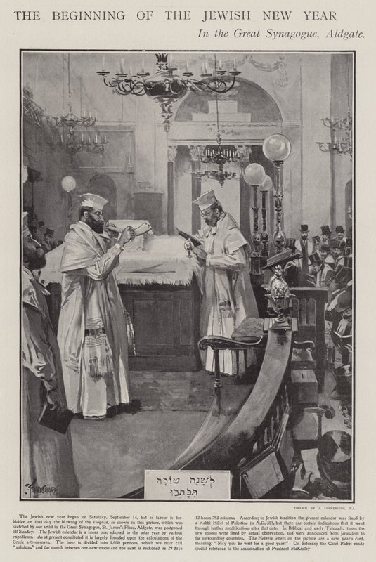 Oslava začátku židovského nového roku ve Velké synagoze, Aldgate, Londýn (litho) od Joseph (after) Finnemore
