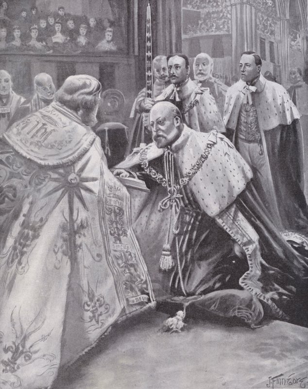 Král Edward VII složil přísahu při své korunovaci, Westminster Abbey, Londýn od Joseph (after) Finnemore