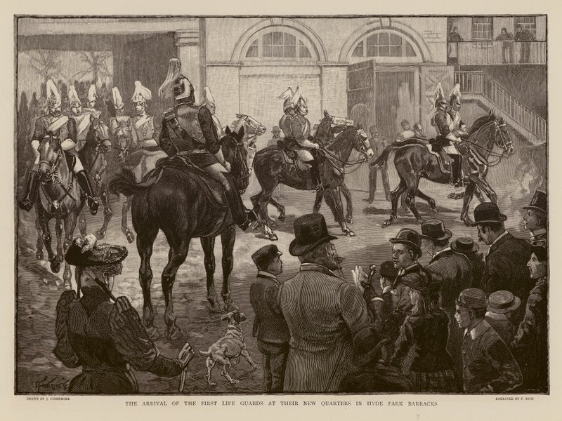 Příjezd příslušníků Čestné stráže do nových kasáren v Hyde Parku v Londýně (rytina) od Joseph (after) Finnemore