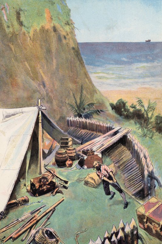 Robinson Crusoe: Sbírám své obchody (barva litho) od Joseph (after) Finnemore