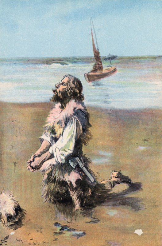 Robinson Crusoe: Děkuji za vysvobození (barva litho) od Joseph (after) Finnemore