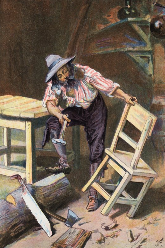 Robinson Crusoe: Vyrábím stůl a židli (barva lito) od Joseph (after) Finnemore