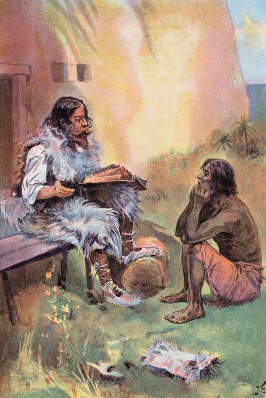 Robinson Crusoe: Učím pátek (barevné litho) od Joseph (after) Finnemore