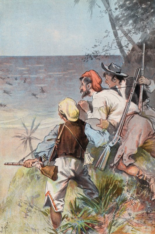 Robinson Crusoe: Napadeni divoši (barva litho) od Joseph (after) Finnemore