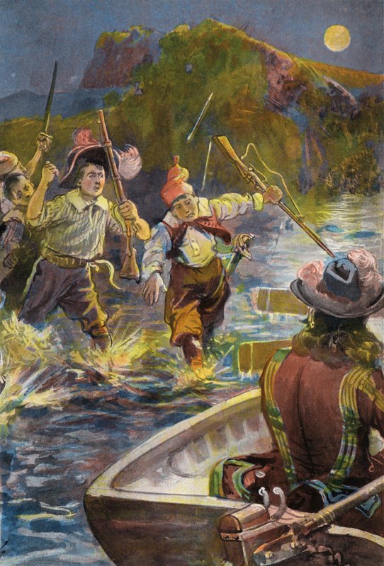 Robinson Crusoe: Naši muži spěchají za čluny (barva litho) od Joseph (after) Finnemore