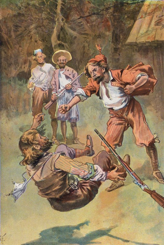 Robinson Crusoe: Španěl ho jednou ranou pěstí srazil (barva litho) od Joseph (after) Finnemore