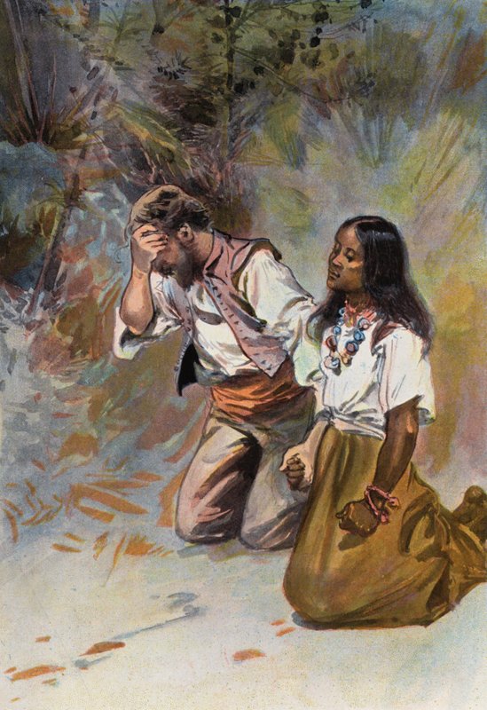 Robinson Crusoe: Oba spolu poklekli (barva litho) od Joseph (after) Finnemore