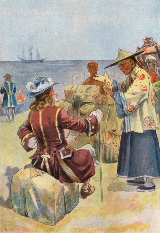 Robinson Crusoe: Obchodování s čínskými obchodníky (barevné lito) od Joseph (after) Finnemore