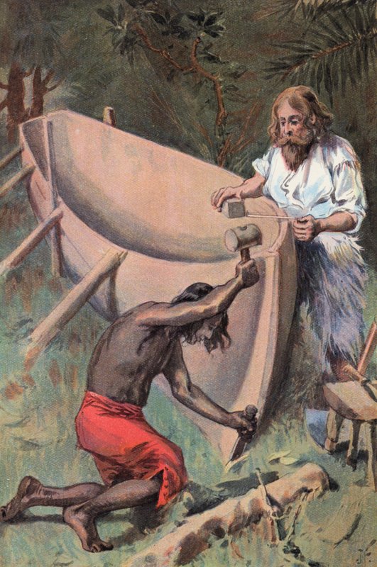 Robinson Crusoe: Vyrábíme velkou loď (barva litho) od Joseph (after) Finnemore