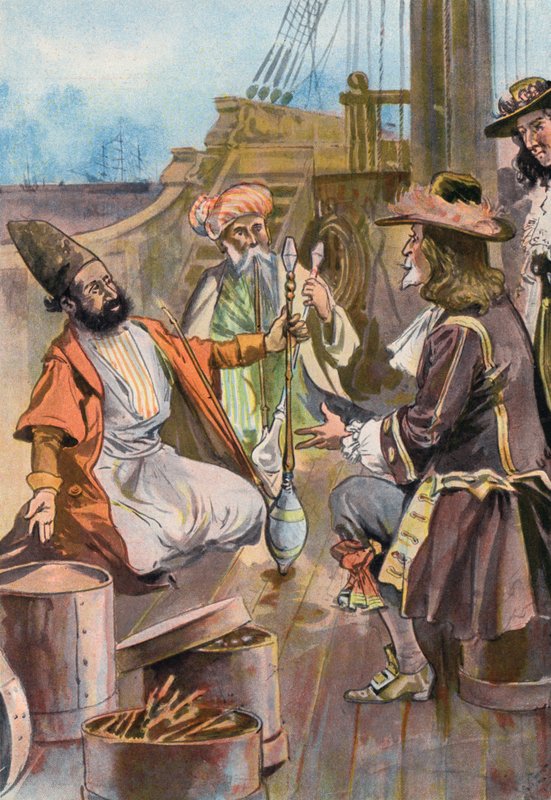 Robinson Crusoe: Naše koření prodáváme perským obchodníkům (barva litho) od Joseph (after) Finnemore