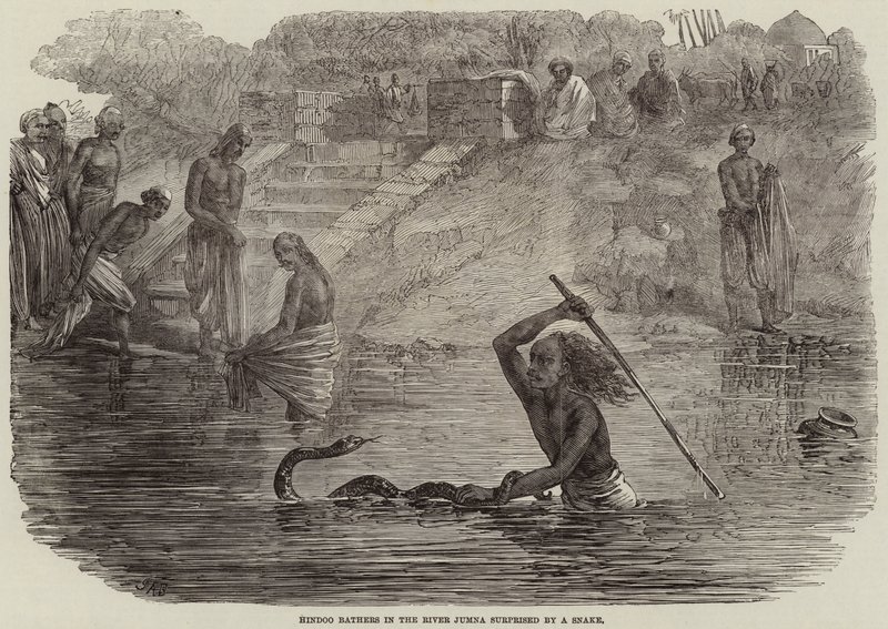 Hindoo Bathers v řece Jumna překvapeni hadem od Joseph Austin Benwell