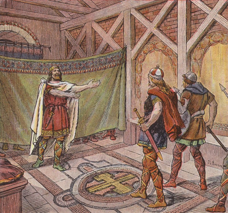 Chlothar I. vidí nohy vrahů, kterým jeho bratr Theuderic (barva litho) nařídil zabít ho od Joseph Beuzon