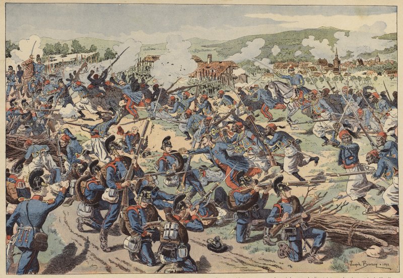 Bitva u Wissembourgu, francouzsko-pruská válka, 4. srpna 1870 (barevně lito) od Joseph Charles (after) Beuzon