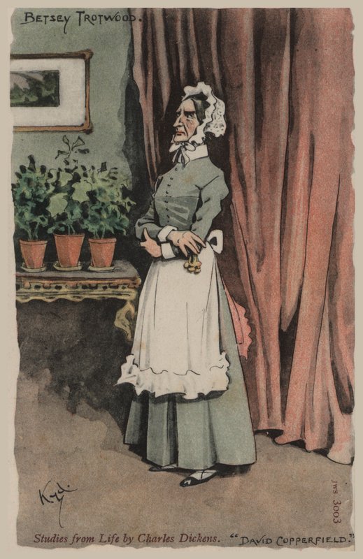 Betsey Trotwood, David Copperfield (barevné lito) od Joseph Clayton  Clarke
