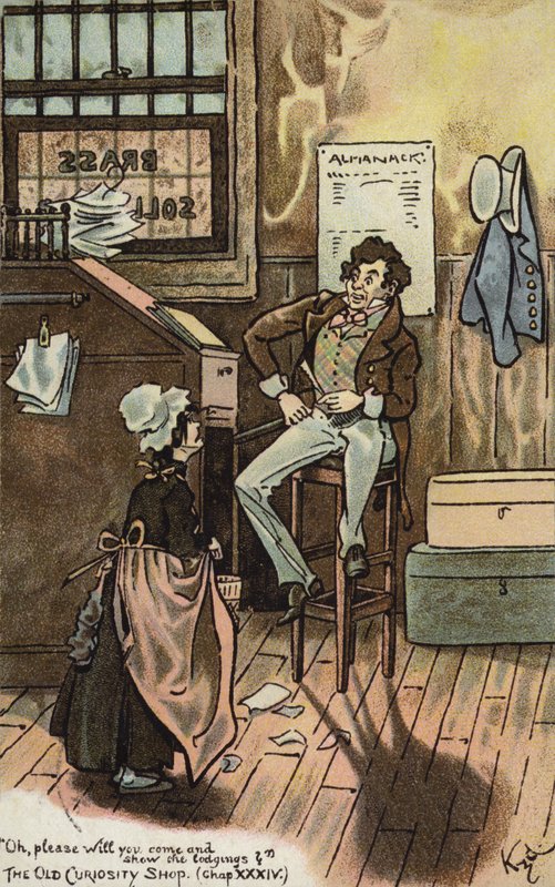 Scéna z knihy The Old Curiosity Shop, Charles Dickens (barevná litografie) od Joseph Clayton (1856 1937) (after) Clarke