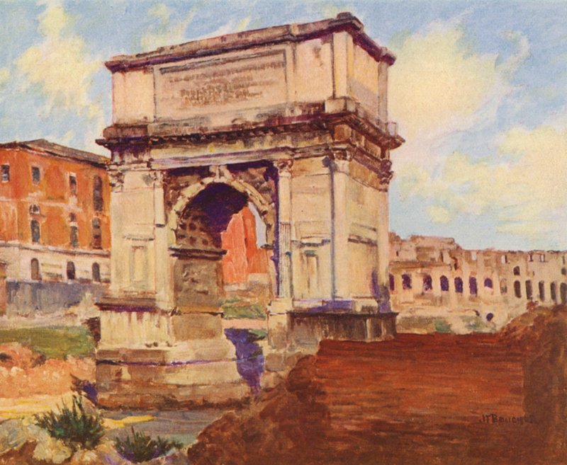 Řím: Forum, Titův oblouk, Koloseum (barevná litografie) od Joseph Felix Bouchor